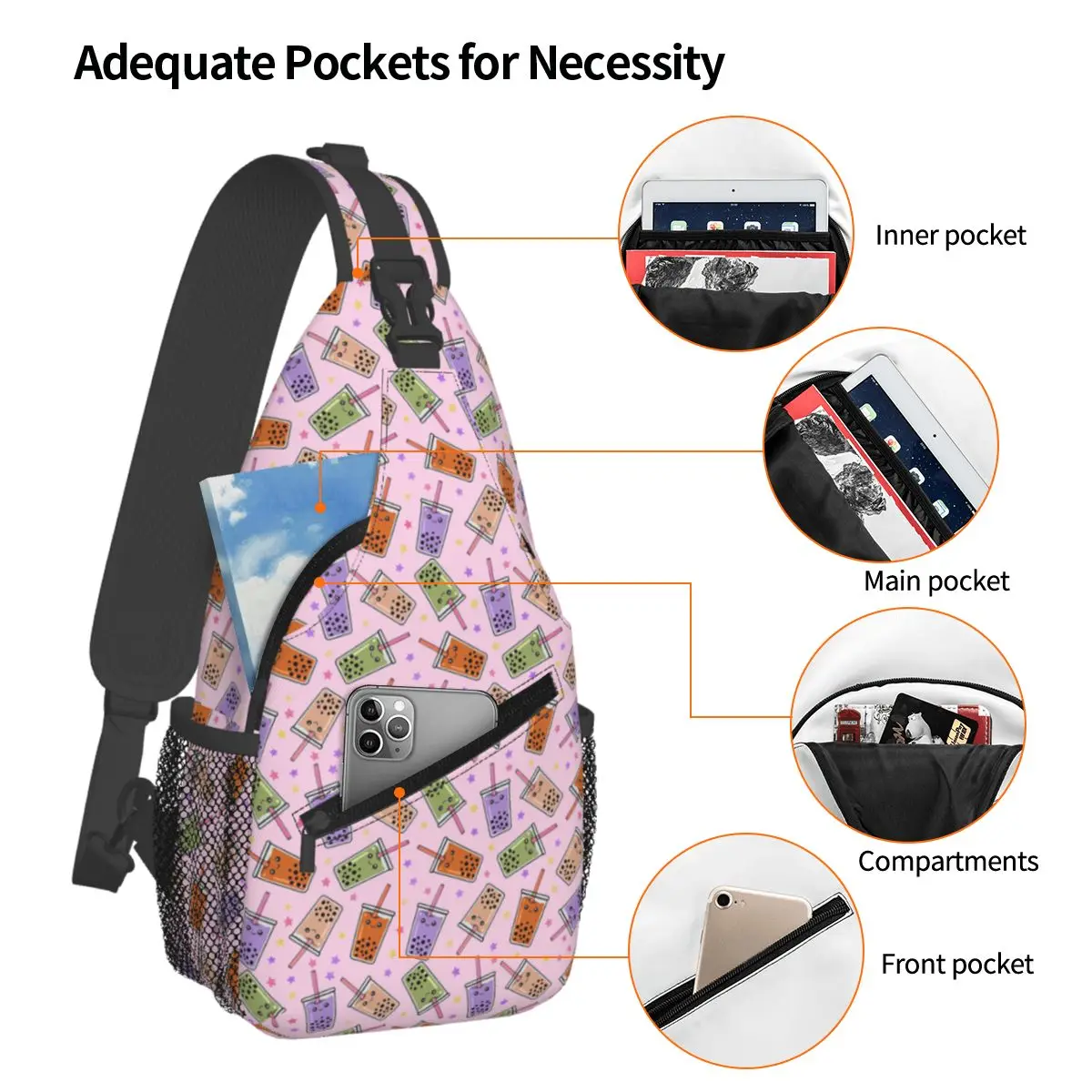 Boba Bubble Tea Chest Bag Men Sling Crossbody Backpack Chest Bag Traveling Hiking Daypack Shoulder Bag