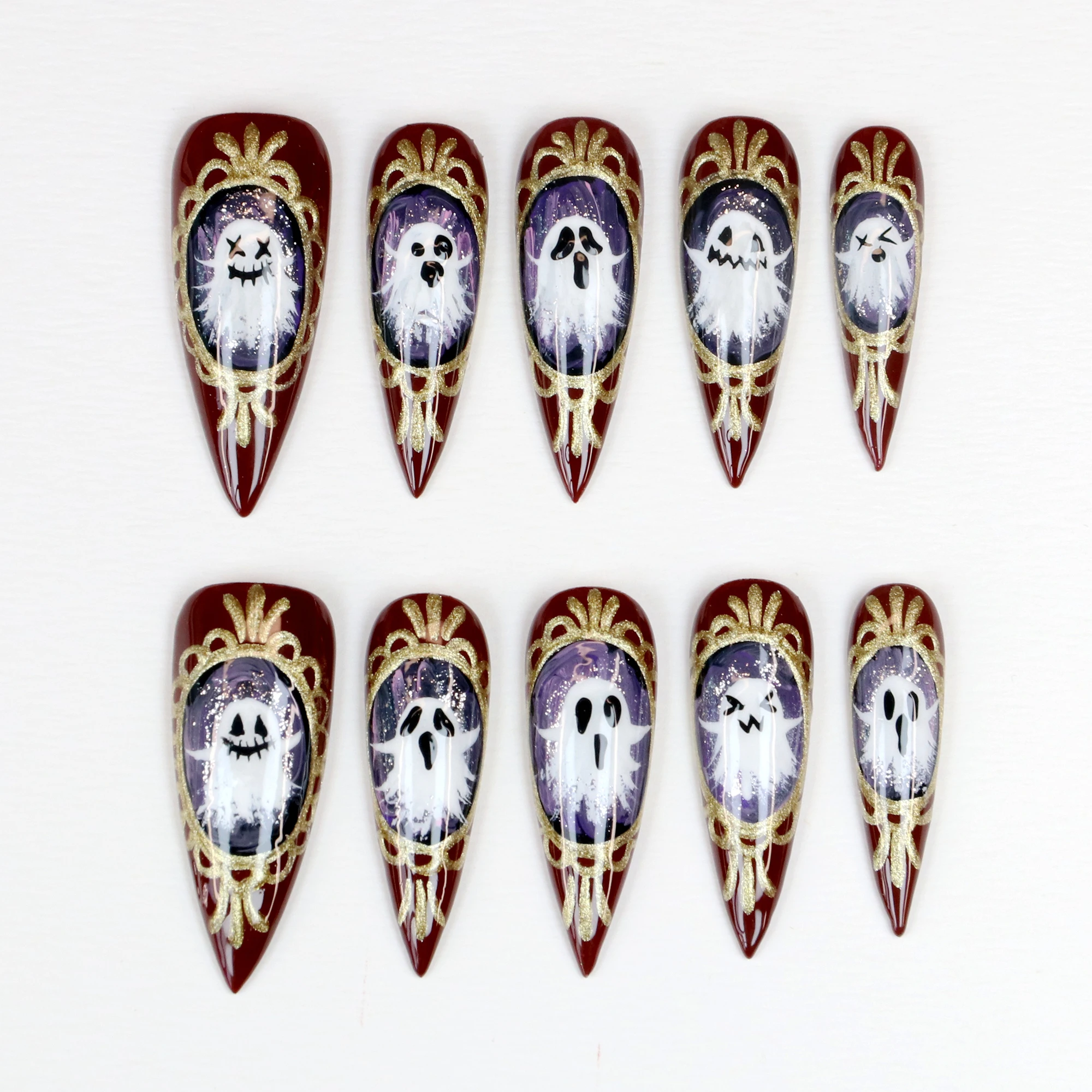 10Pcs 3D Ghost handmade Manicure Press On Nails, Acrylic Fake Handpainted Custom Design All Saints' Day Adhesive Nail File Set