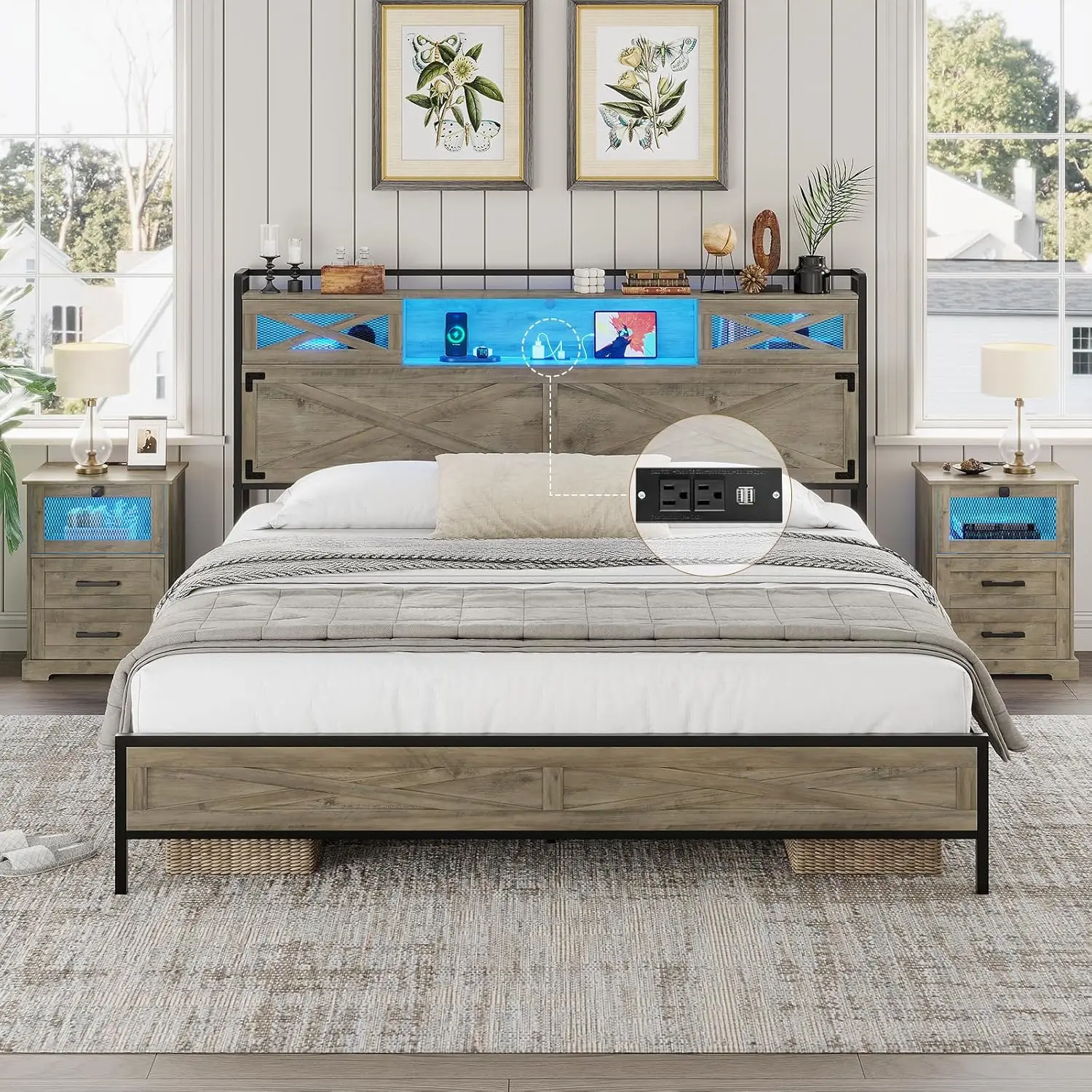 Farmhouse Bed Frame Queen Size with LED Lights and Charging Station, Rustic Platform Queen Bed with Storage Headboard