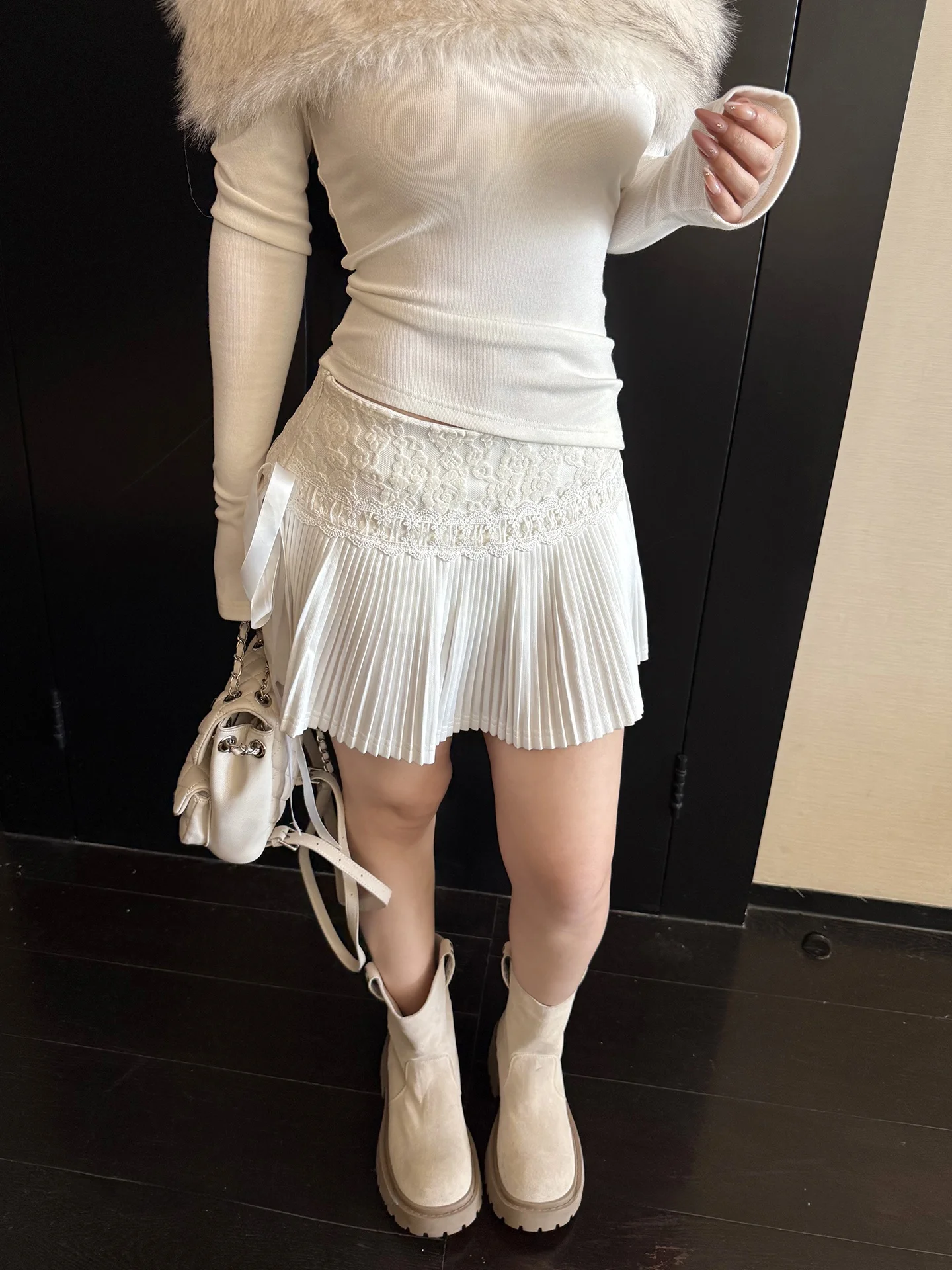

Spring 2026 New Sle A-Line Skirt with Lace Patchwork High Waist Pleated Polyester Fiber Cotton Blend Daily Wear School...