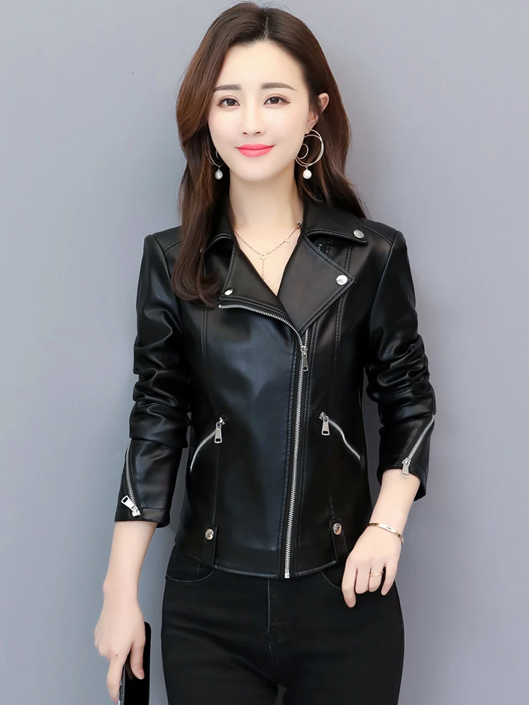 Giacca in Pelle da Donna Primaverile/Autunnale con Colletto Rovesciato, Stile Biker Slim Fit, Versione Coreana Heining