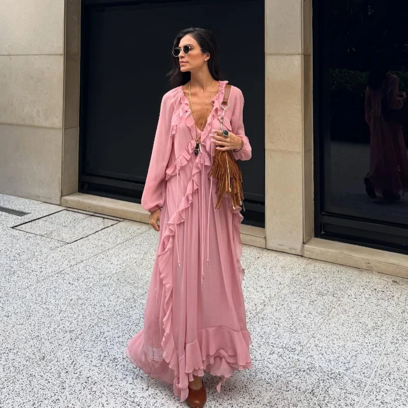 Eleganckie sukienki z pełnym rękawem z wieloma falbankami Szykowne luźne sukienki z dekoltem w szpic z koronki Nowa damska letnia suknia klubowa 2025