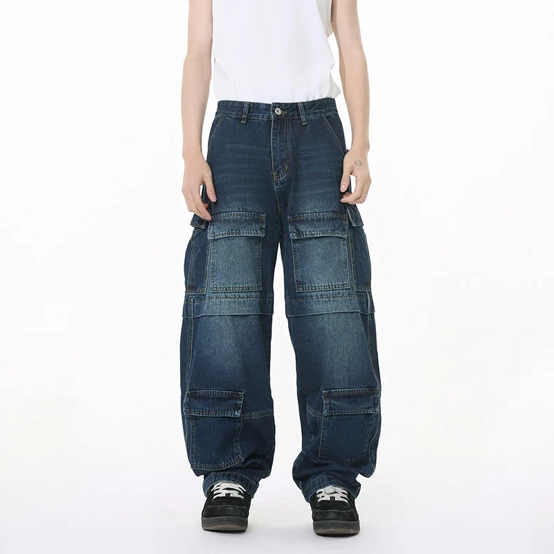 

Hip Hop Baggy Casual Jeans Pants Multi Pockets Blue Loose Denim Trousers For Male Patchwork