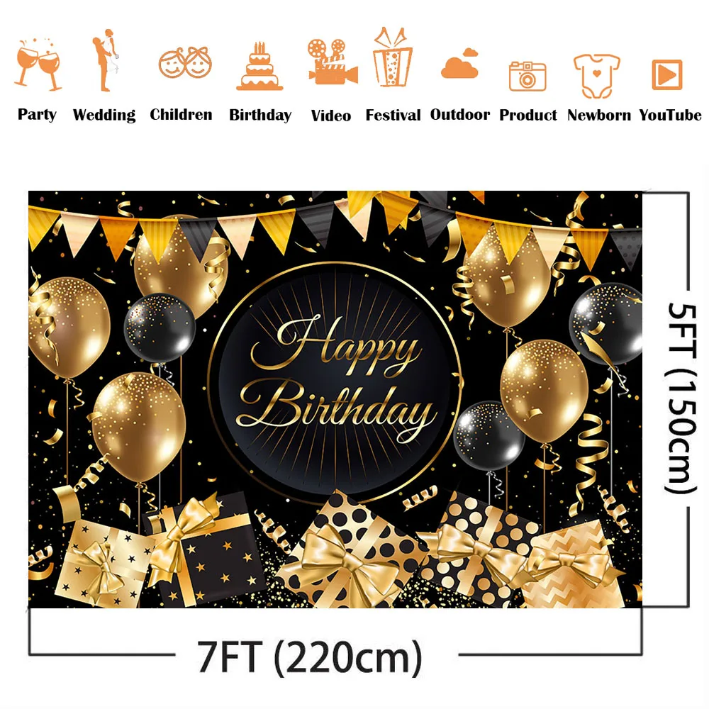 Gold Black Birthday Backdrop Flag Balloon Happy Birthday Photo Background Adult Theme Party Decoration Supplies