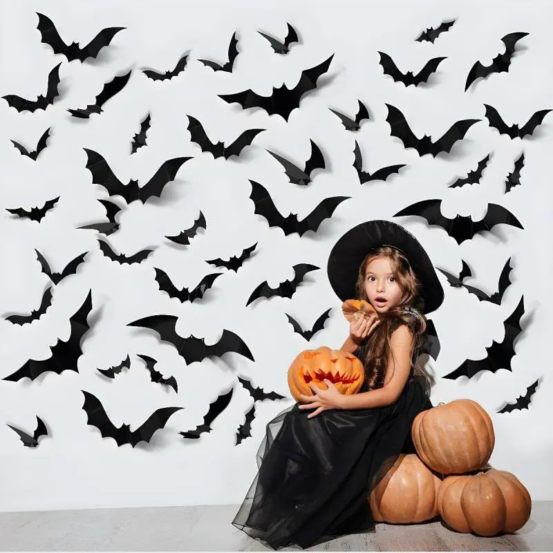 120X5PCS 3D Bat Halloween Decoration Stickers for Home Decor 4 Size Waterproof Black Spooky Bats for Room Décor