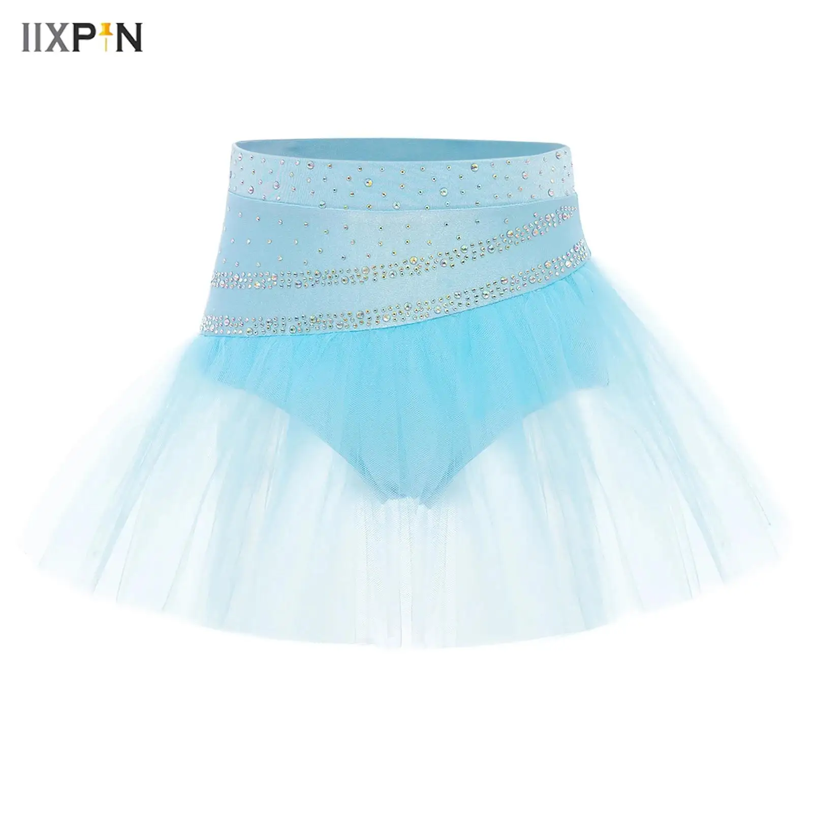 

Kids Girls Ballet Dance Skirt Shiny Rhinestones Elastic Waistband 2 Layers Tulle Tutu Skirts Lyrical Stage Performance Costume