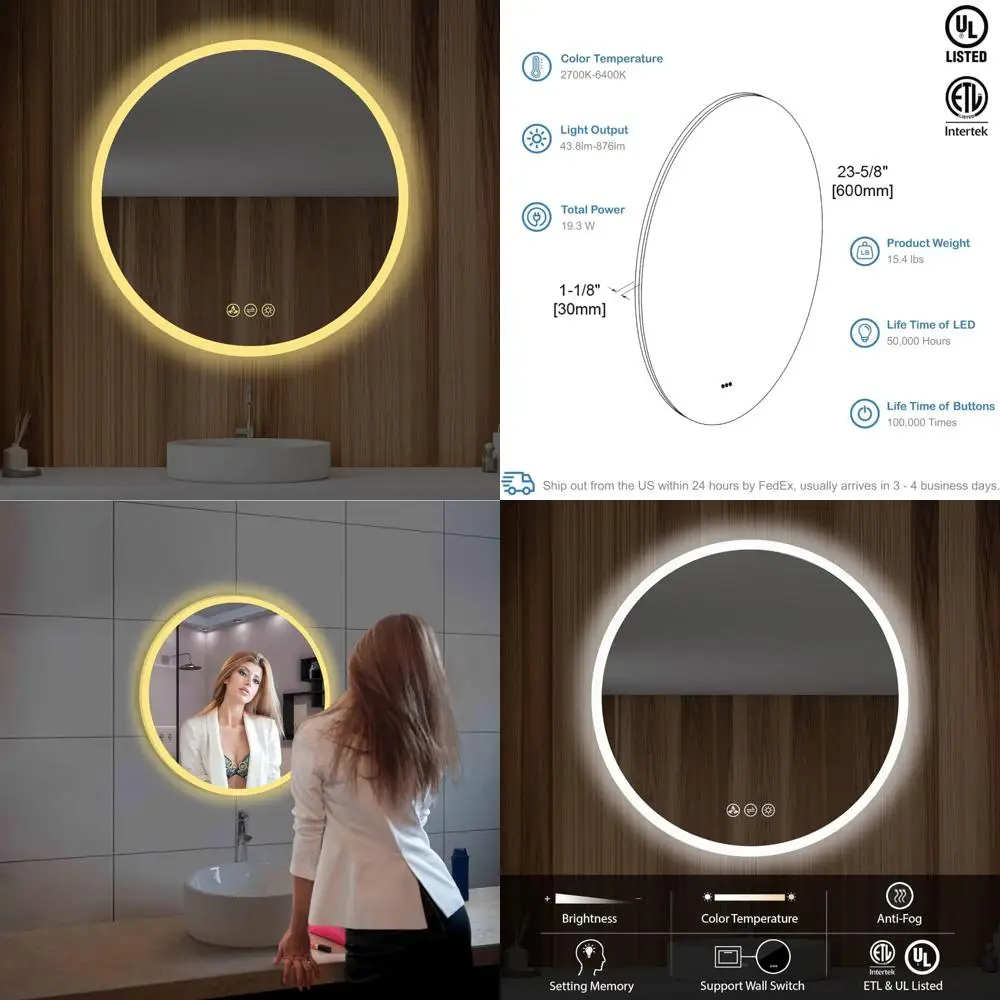 مرآة حمام مضيئة بإضاءة LED مقاس 24 بوصة مع حامل جداري، ومضادة للضباب، وسطوع قابل للتعديل، و3 أوضاع إضاءة