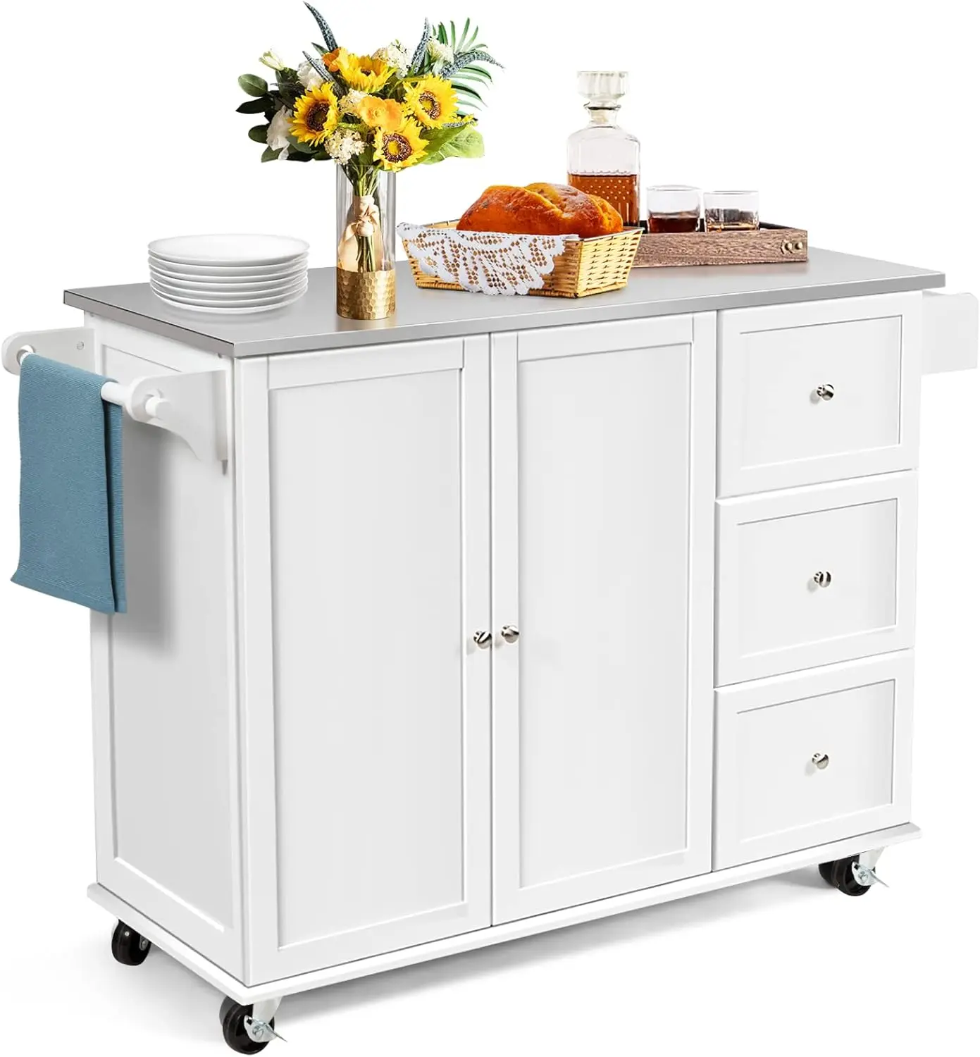 COSTWAY Kitchen Island cart on Wheels, Mobile Serving Cart w/Stainless Steel Countertop, 3 Drawers, 2-Door Cabinet, Adjustable