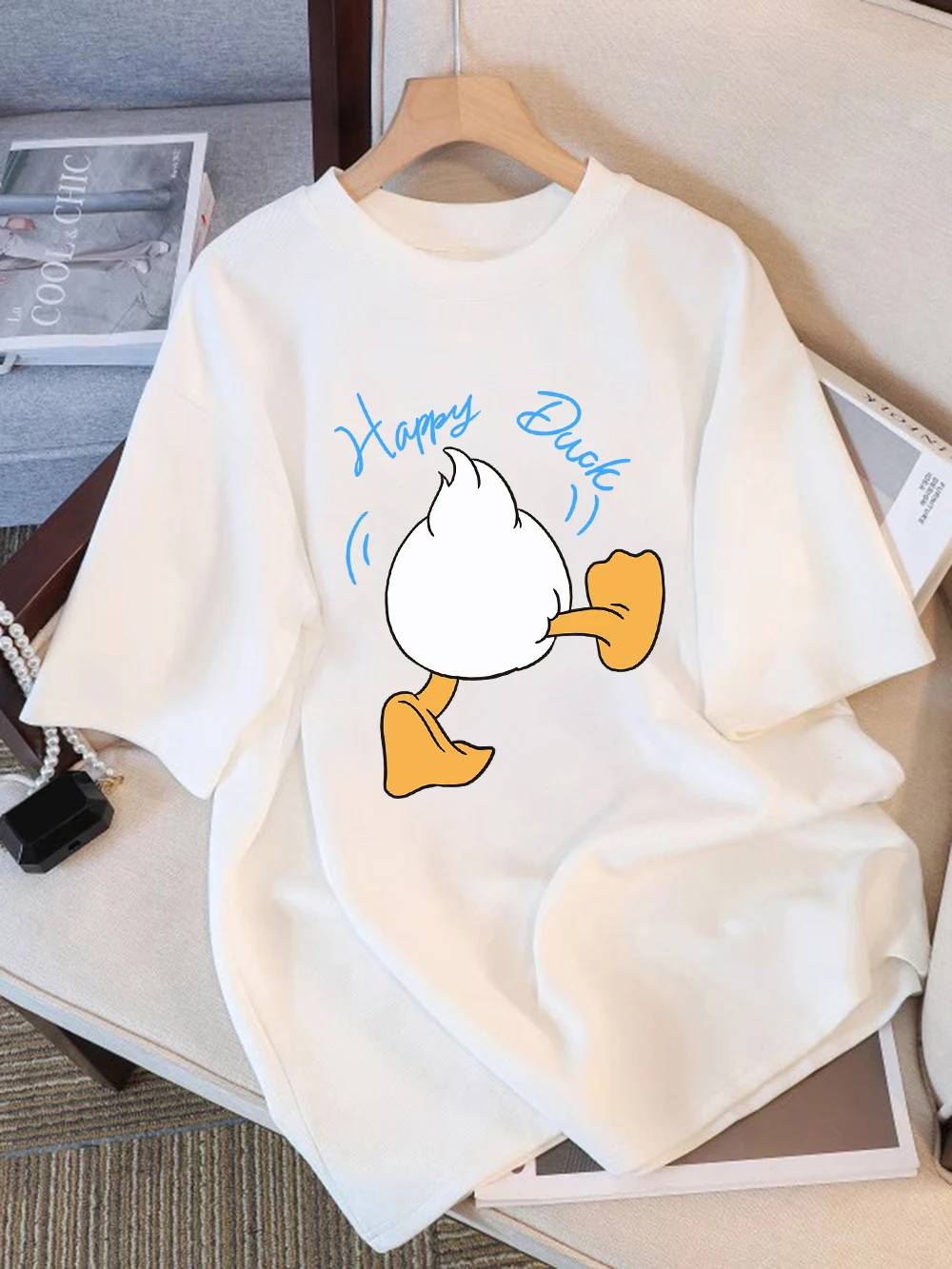 Summer T-Shirts Cotton Womens Happy Duck Cartoon Printing T Shirt Comfortable Soft O-Neck Tops Holiday Casual Womans Clothes