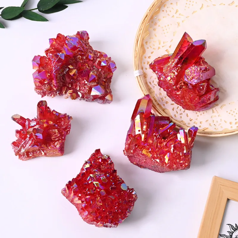 Natural Crystal Electroplated Red Crystal Cluster Ornament, Original Stone Demagnetization, Landscape Decoration Crystal Cluster