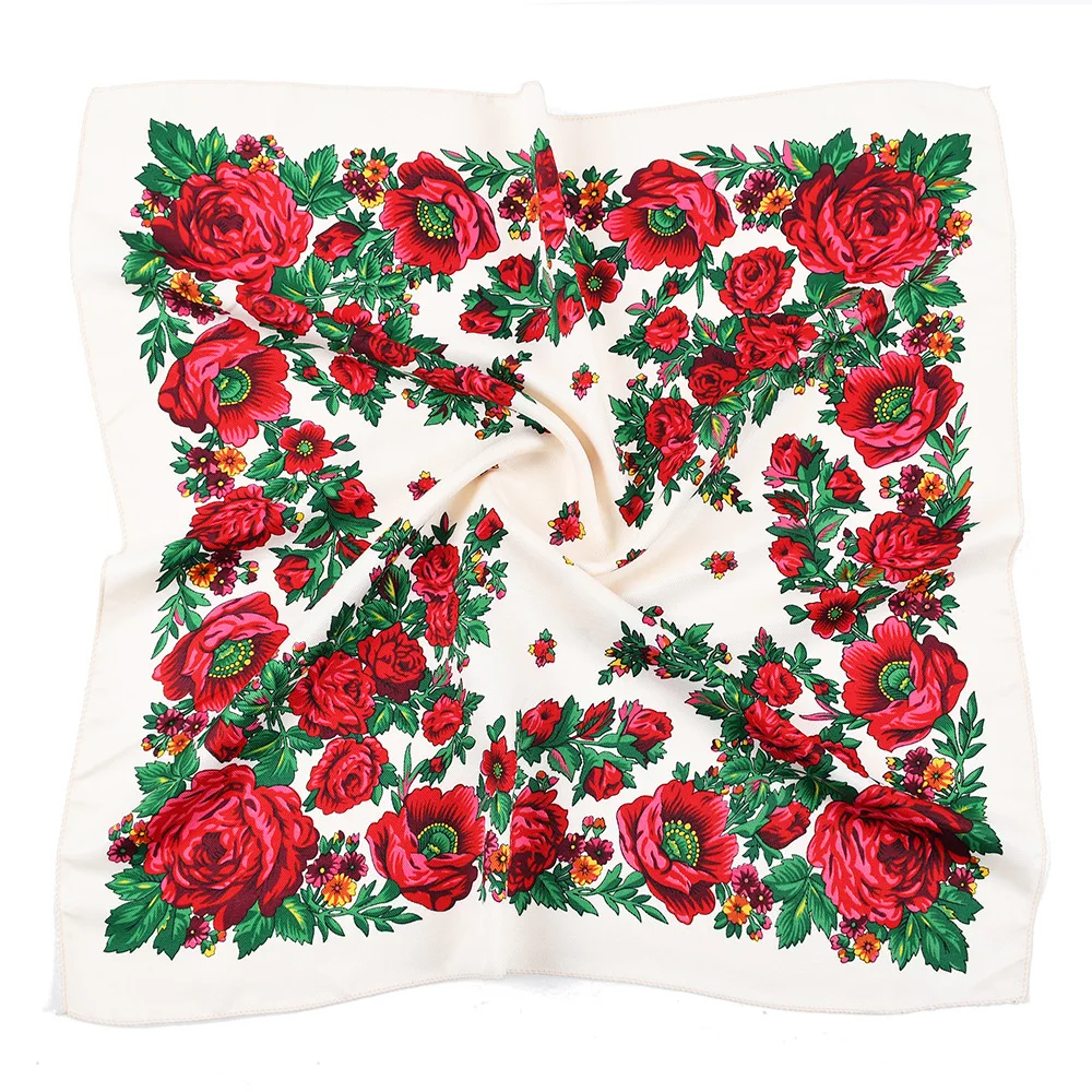 70*70Cm Russische Nationale Vierkante Sjaal Vrouwen Luxe Bloemenprint Bandana Hoofdband Sjaals Babushka Zakdoek Vrouwelijke Hoofd Wraps