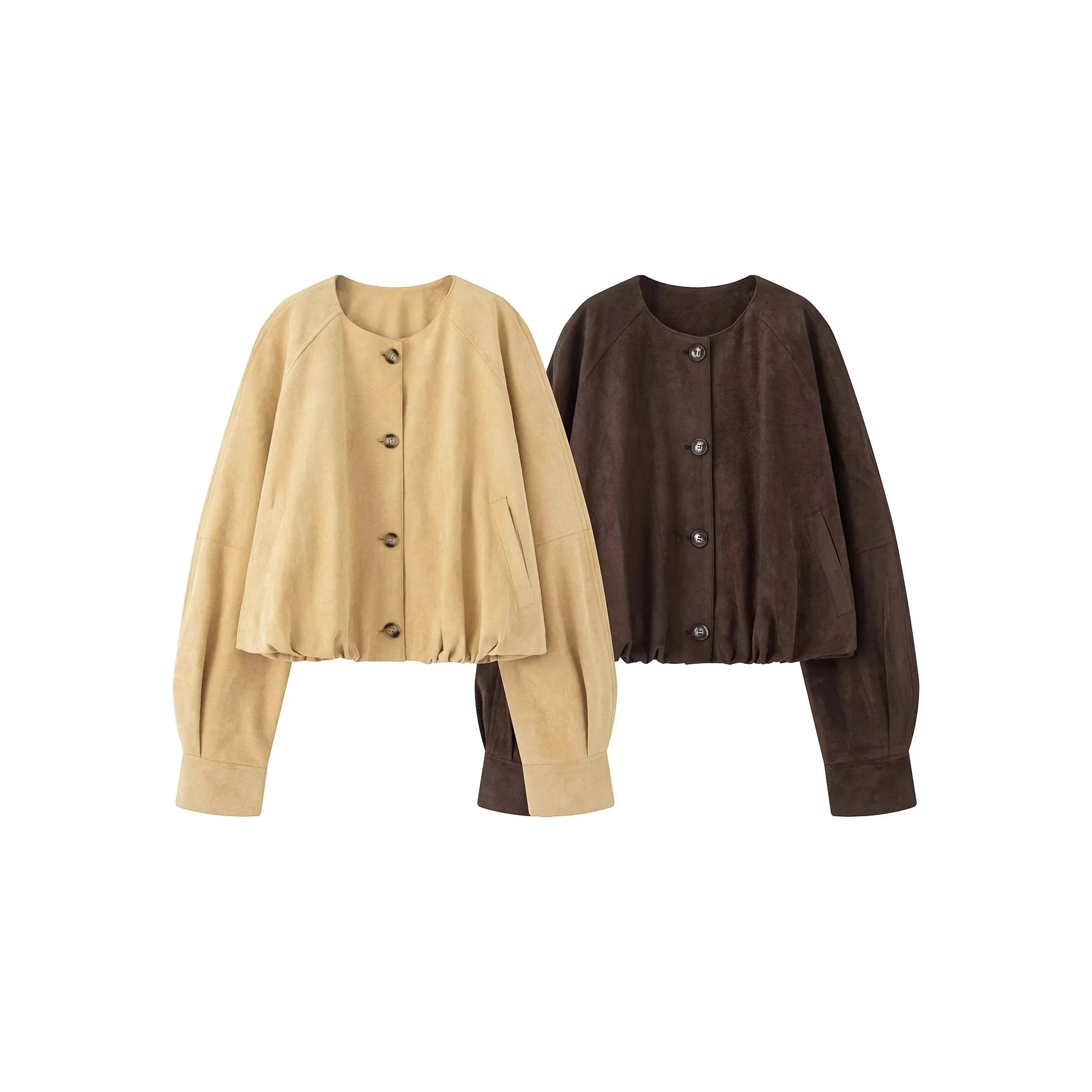 レディース ラウンドネック シングルボタン レザー ジャケット 秋冬新作 スタイリッシュ カジュアル ルーズフィット ロング丈 アウター