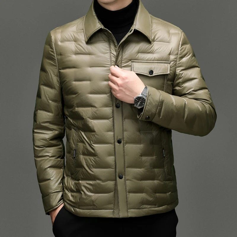 Мужской зимний пуховик средней толщины с воротником-стойкой, тонкий легкий теплый утиный пуховик, мужская одежда, одежда высокого качества