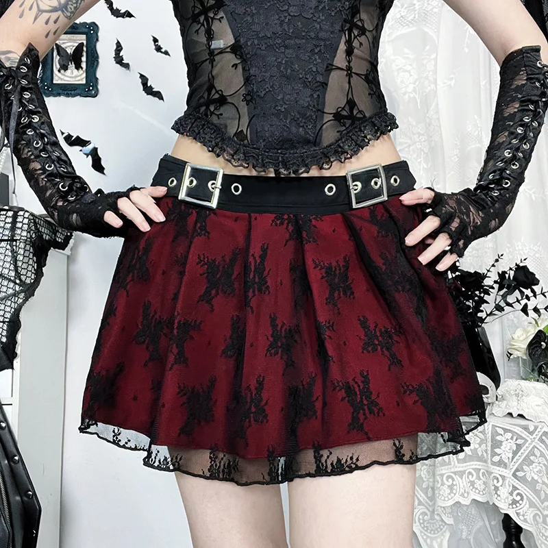 Dark Gothic Lace Mesh Pleated Mini Skirt 2000s Korea Chic Sexy Patchwork Short Skirts High Street Casual Design Sense Clothing