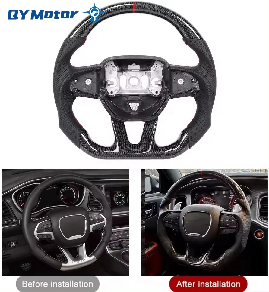 Real Carbon Fiber Steering Wheel Perforated Leather For Dodge Challenger Charger SRT HELLCAT 2015‑2022