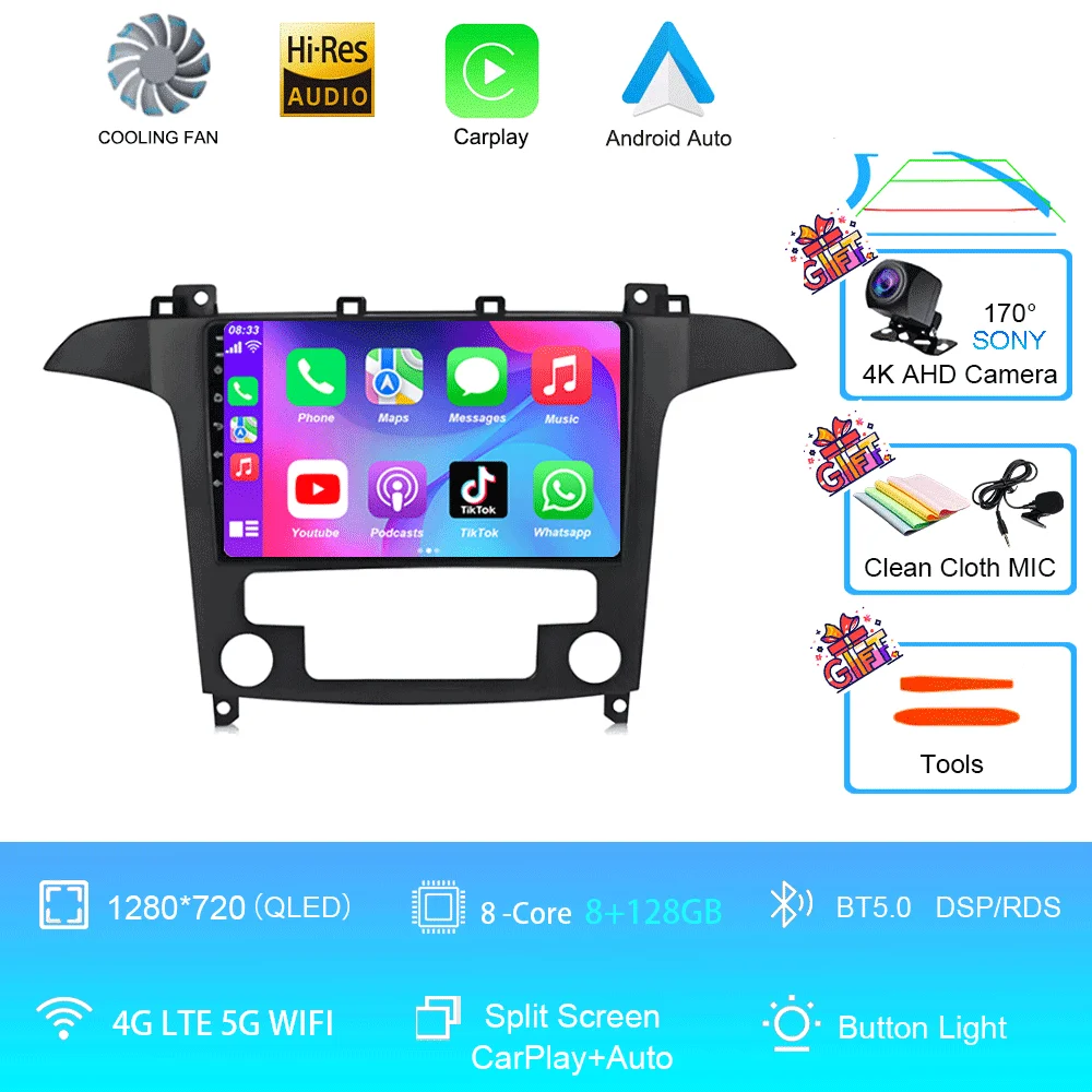 Android 16 voor Ford S-Max S-MAX 2007 2008 2009 2010 2011 - 2015 Videospeler Carplay Auto Multimedia Autoradio WIFI+4G DSP Stereo - afbeelding 1