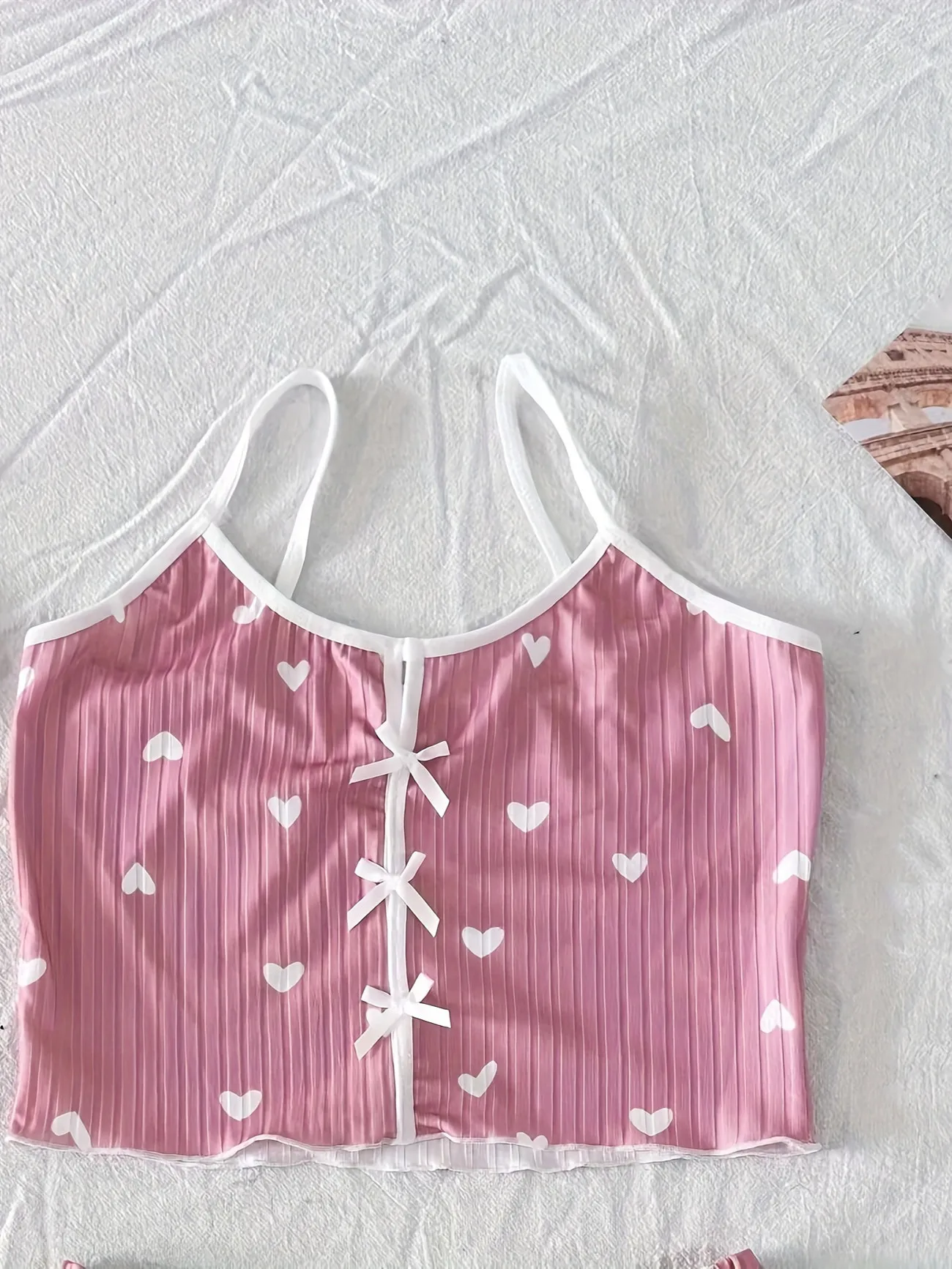 Women Heart Print Ribbed Pajama Set Bow Decor Crop Cami Top and Elastic Shorts Summer Sleepwear Lounge Set 3 Women Heart Print Ribbed Pajama Set Bow Decor Crop Cami Top and Elastic Shorts Summer Sleepwear Lounge Set 3