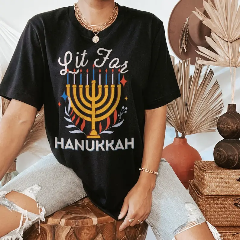 

Lit for Hanukkah Shirt Happy Jewish Funny Gifts Menorah Festival of Lights Pattern Casual Shirt Short Unisex Adult Cotton Shirts