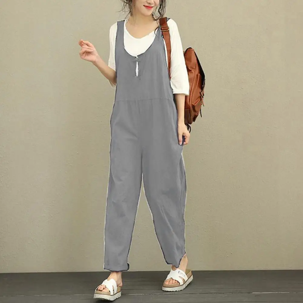 Jumpsuit musim panas bergaya wanita, Jumpsuit dengan leher U kaki lebar desain tanpa lengan warna Solid saku samping Pullover untuk A