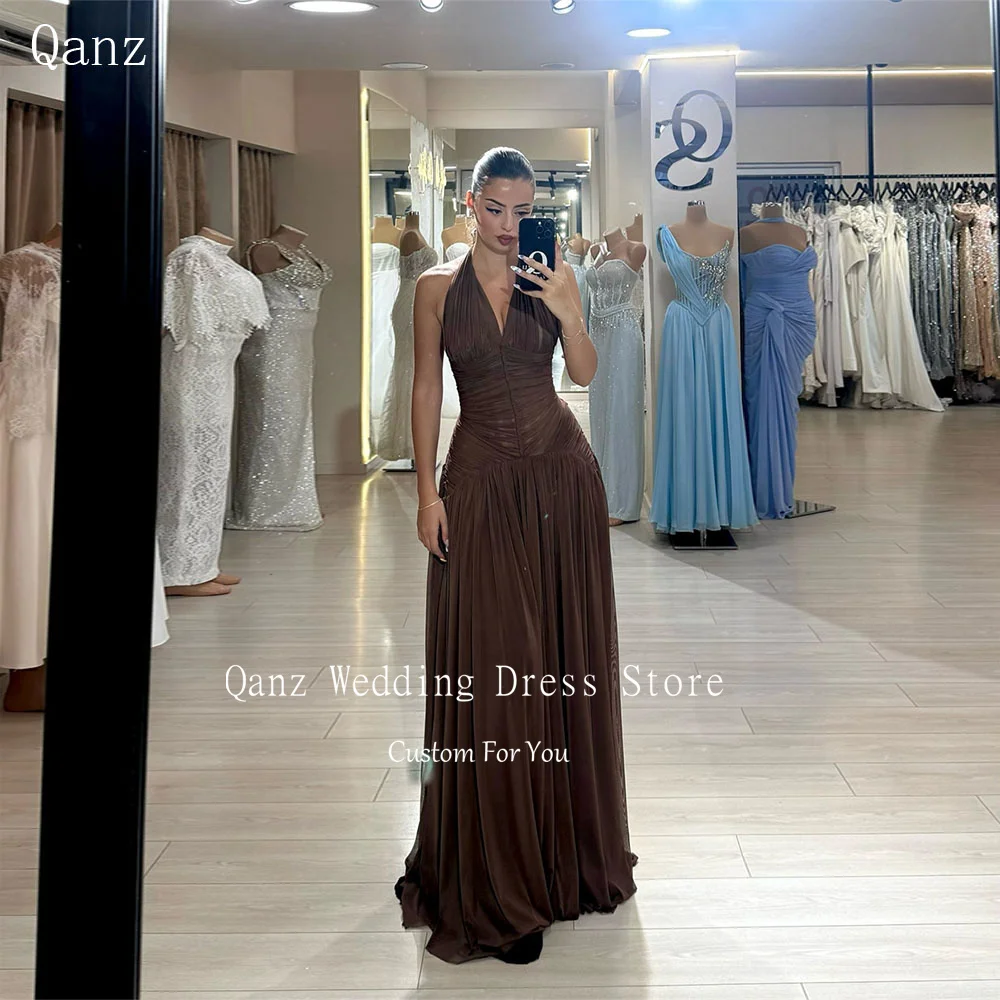 

Qanz Дубай Коричневые вечерние платья Шифон с бретелькой на шее Длинные плиссированные платья Vestidos De Fiesta Elegantes Robes De Soirée по индивидуальному заказу