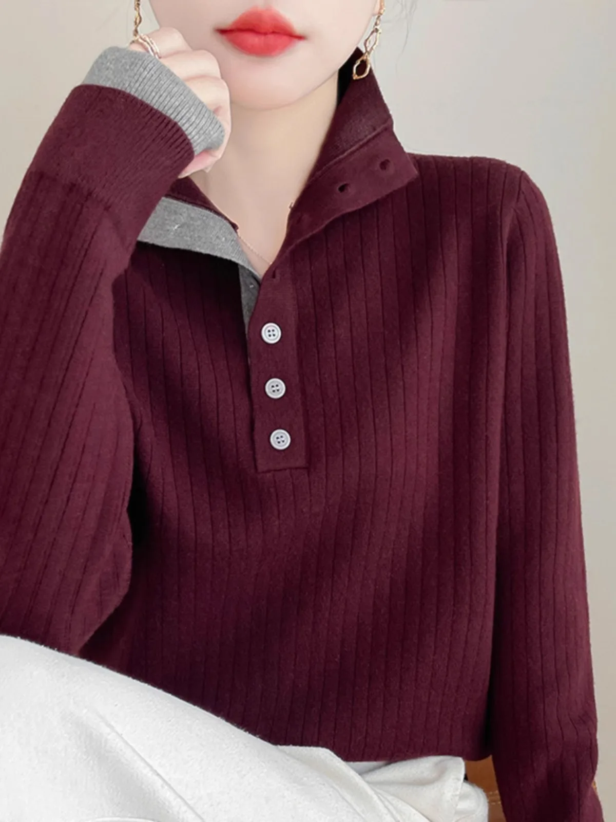 

Autumn Winter Thiened Loose Knitted Sweater Women's f Open Collar Splicing Faionable Fake Two-Piece Straight Tube Sle