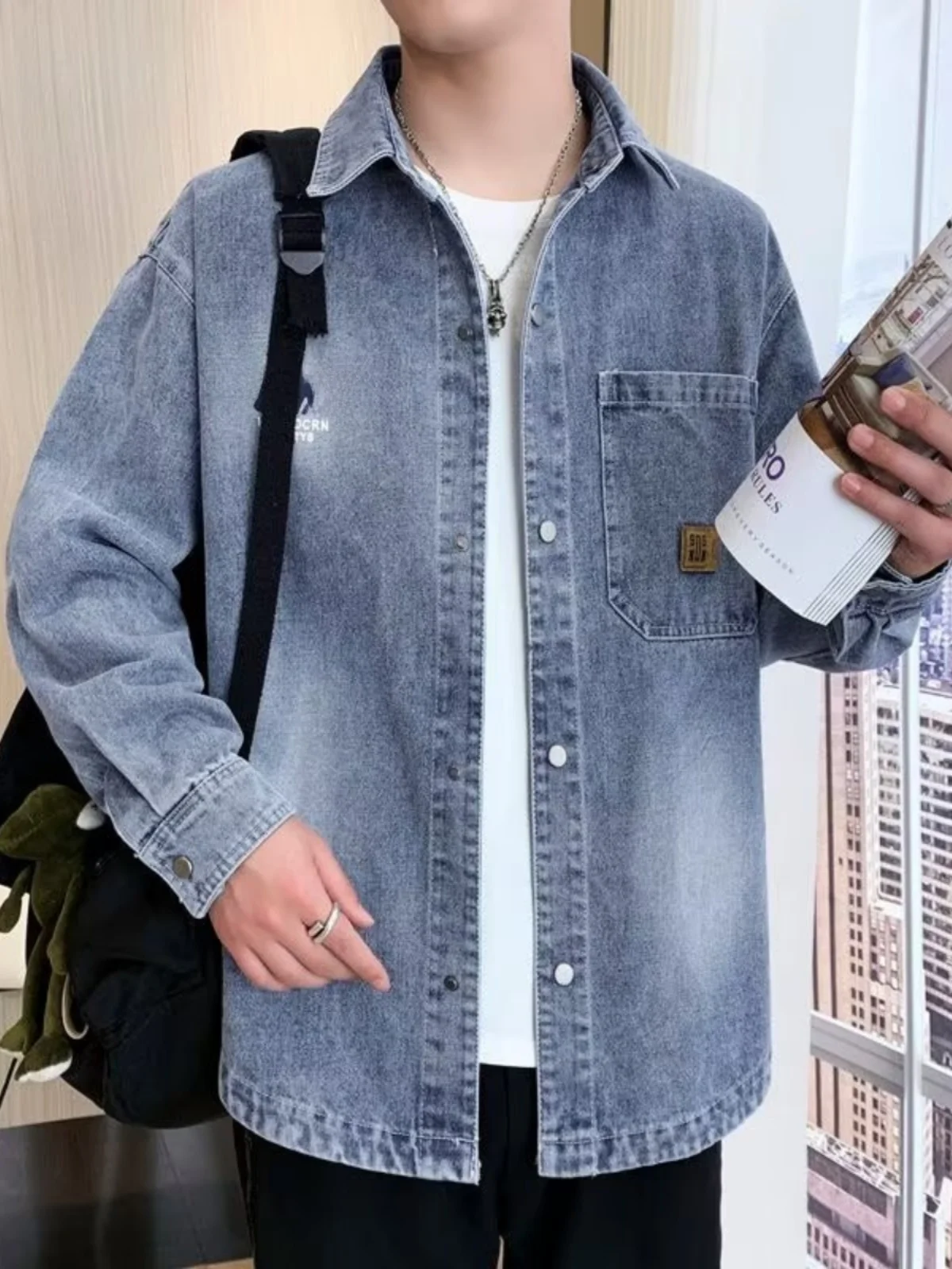 

Ретро-куртка из американского синего денима для мужчин, весенне-осенняя, свободного кроя, в рабочем стиле, с принтом, молодежная модная куртка