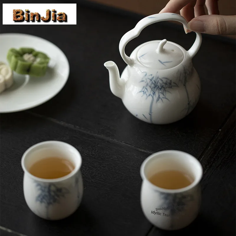 BAEJORIA Boutique Gourd Loop-handled Teapot Set Hand-painted Bamboo Tea Set Retro Tea Ceremony Set 1 Pot 2 Cups Teaware Services