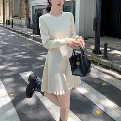 Basic Solid Color Dresses Female Clothing Commute A-Line Waist Autumn Winter Fashion Folds Long Sleeve Casual Knitted Midi Dress