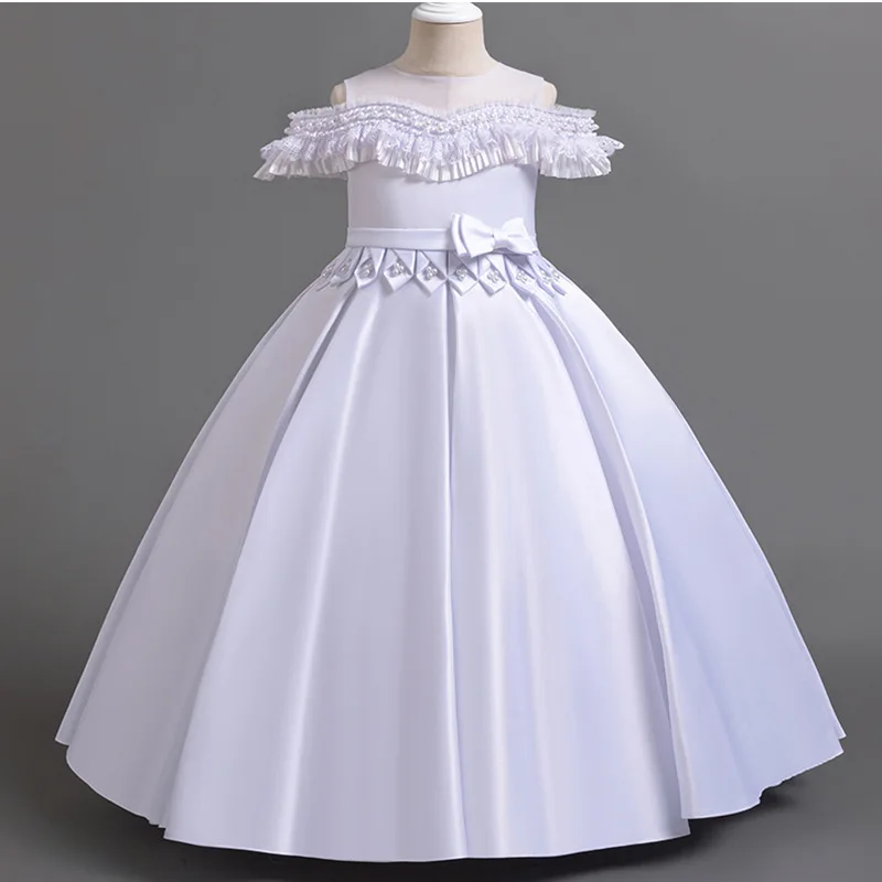 HETISO Girls Elegant Satin Ruffle Sleeve Dress Festive Long Kids Prom Gown for Holiday Ceremony 10-12 Years