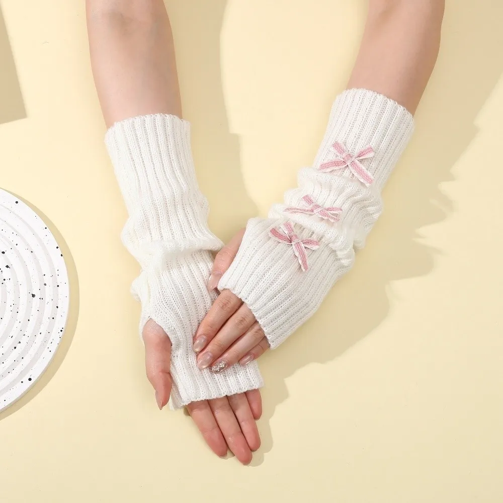 Fashion Thicken Bow Arm Warmers Long Knit Soft Knitted Y2K Fingerless Gloves Bowknot Sweet Sleeve Cover Female
