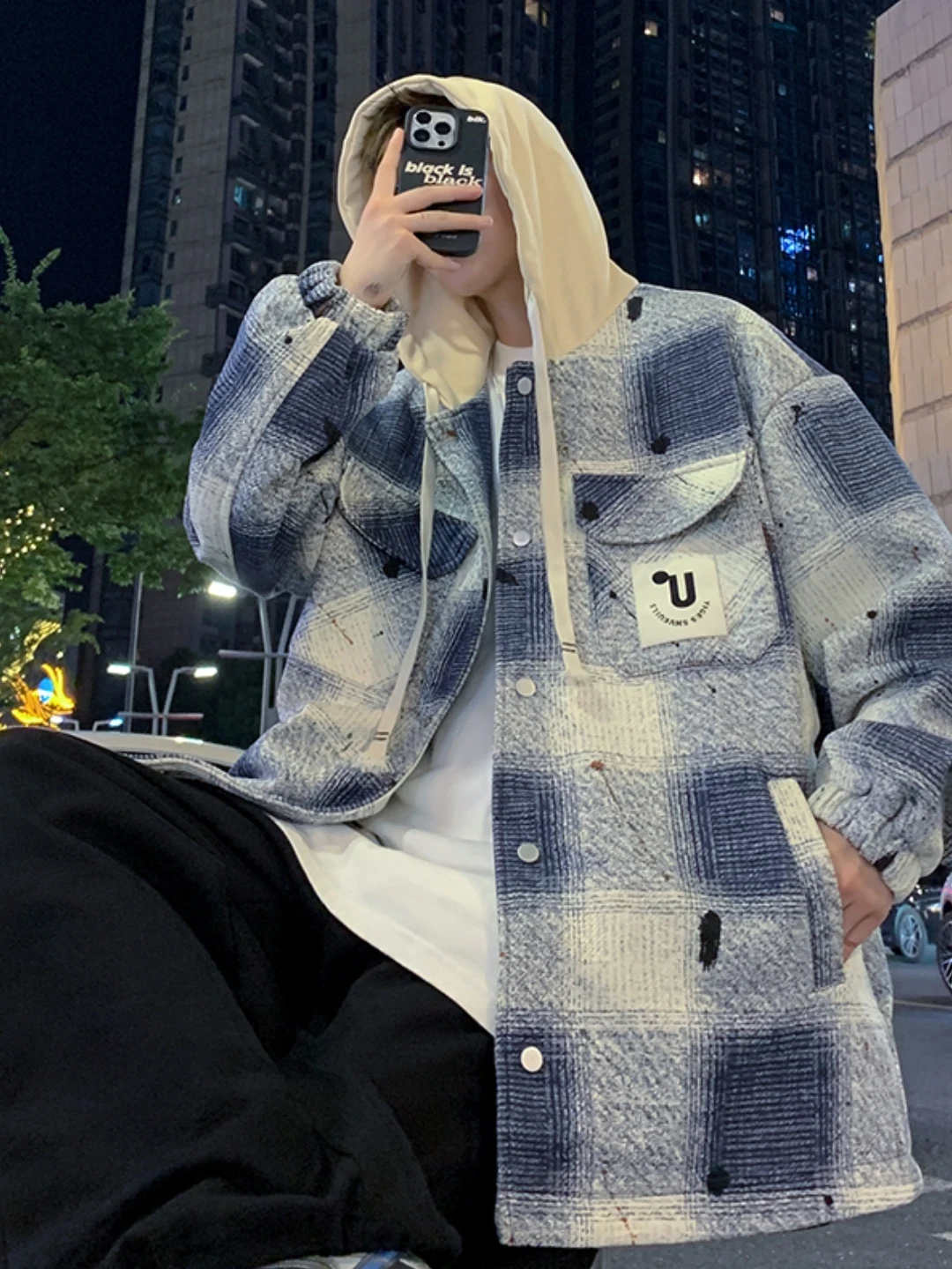 

Мужская клетчатая спецодежда большого размера, весна-осень 2024, новинка 2024, повседневная одежда с капюшоном из хлопка, полиэфирного волокна, антибактериальное Thiened