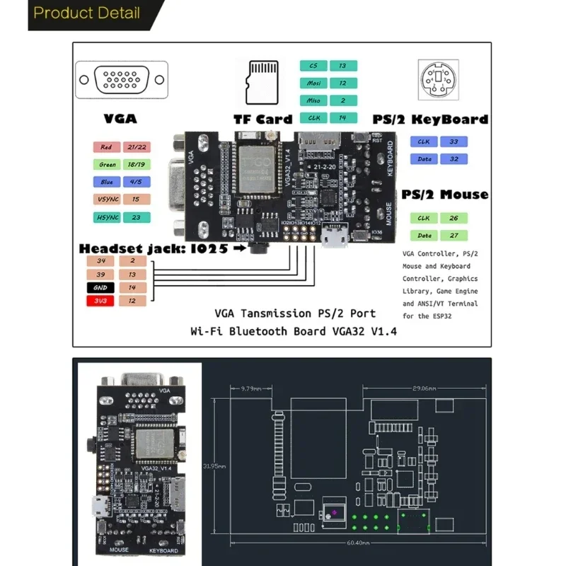 VGA Controller Board PS/2 Mouse Keyboard Control Module with Micro32 Chipset Game Engine ANSI/VT Terminal for ESP32