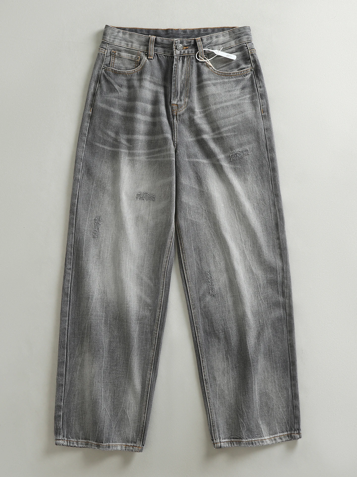 

Grey Vintage Washed Men's Straight Leg Jeans High Street Style Casual Loose Fit Long Trousers Breathable Cotton Blend