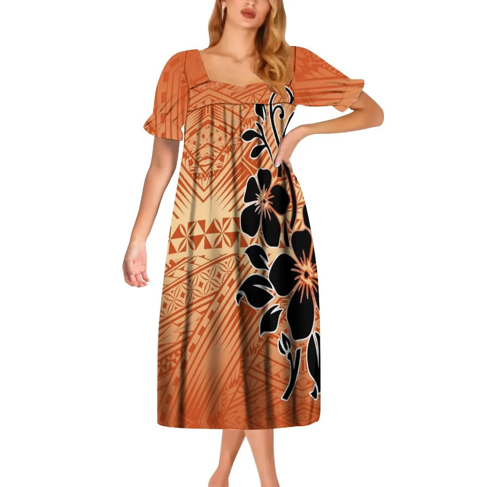 فستان قصير الاكمام بتصميم عشائري بولينيزي حسب الطلب فستان قصير الاكمام على شكل فقاعة بسعر منخفض فستان قصير الاكمام