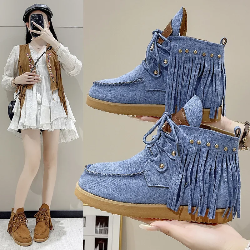 

2024 Hot Seller New Plus Size 36-43 Fringe Lace Suede Short Tube Flat Bottom Rivet Decorative Women's Ankle Boots