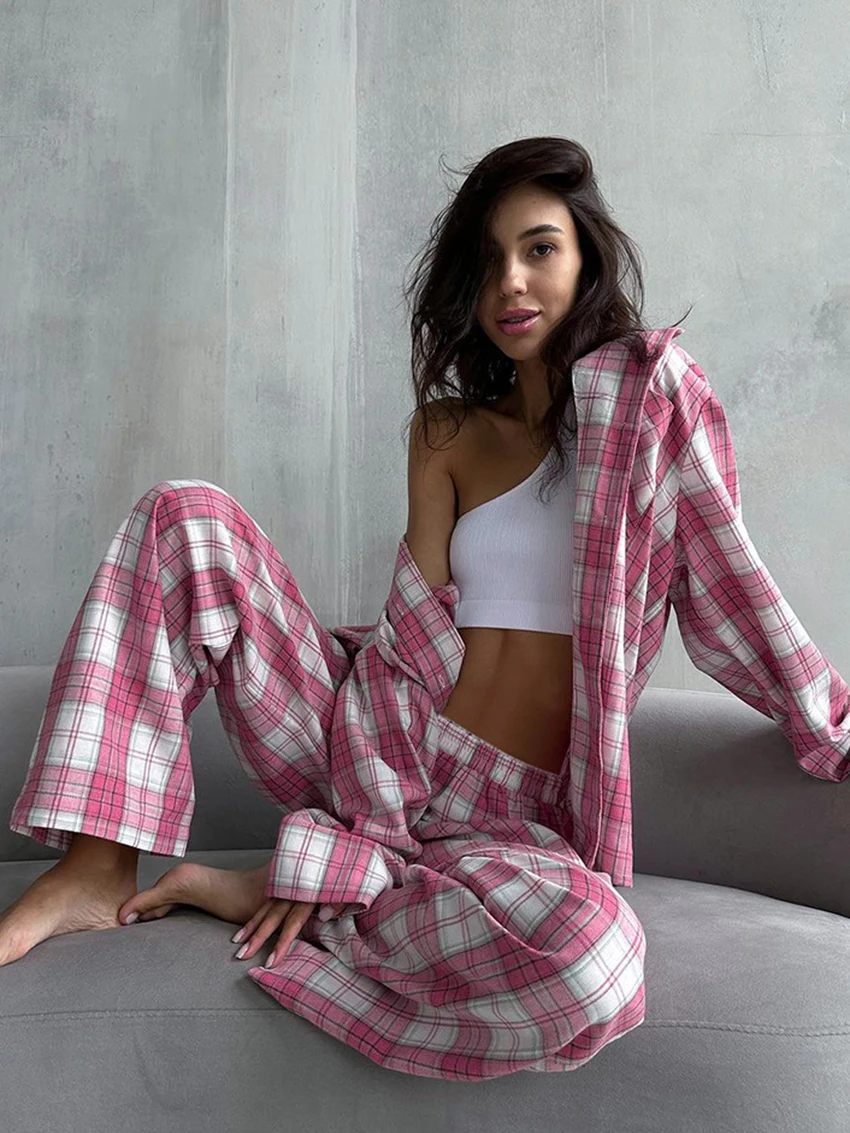 Marthaqiqi New Winter Plaid Women Nightgowns Set Long Sleeve Nightwear Turn-Down Collar Sleepwear Pants Casual Femme Pajama Suit