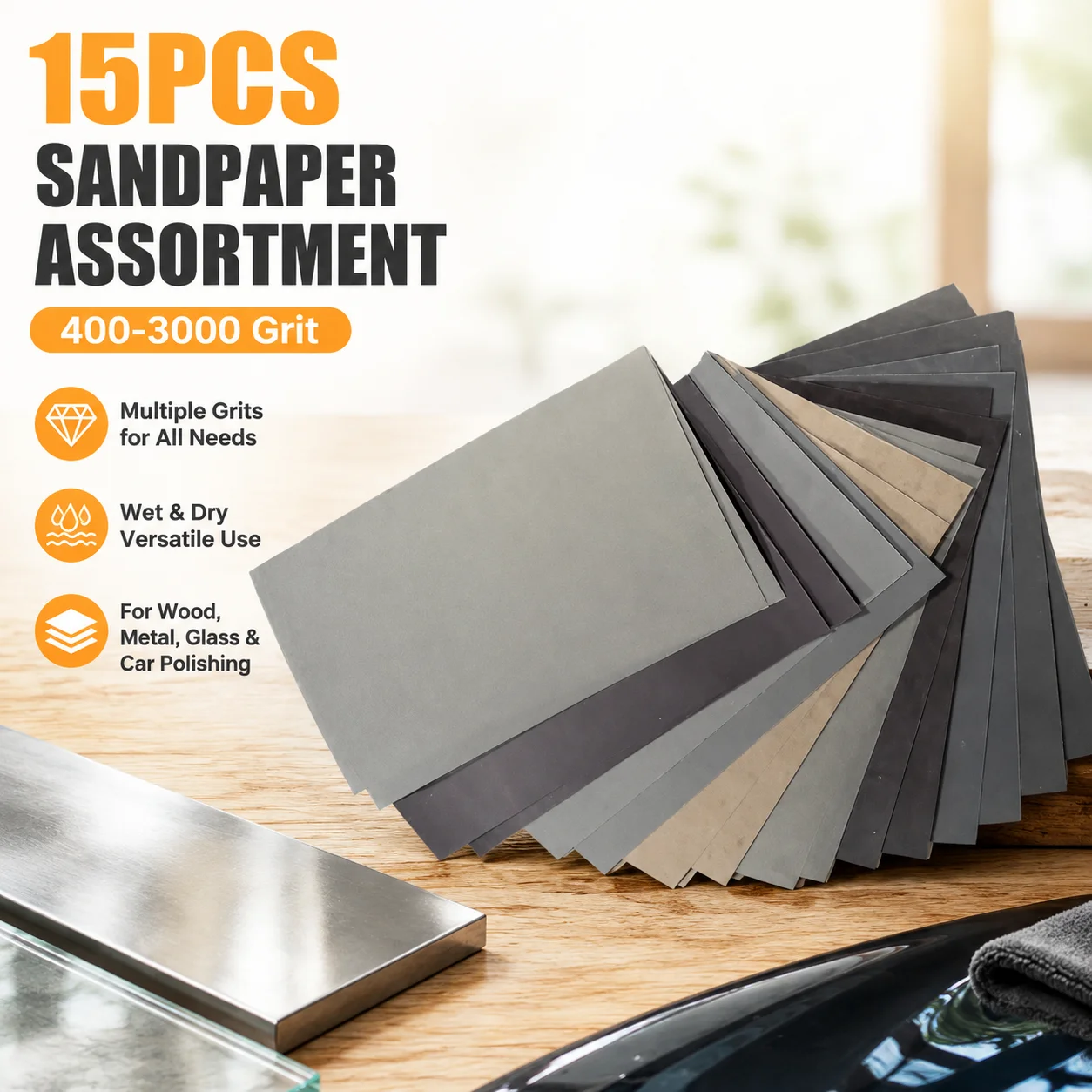 15Pcs Sandpaper Assortment 400-3000 Grit, Silicon Carbide Water/Dry Sanding Paper for Wood, Metal, Glass, Car Polishing