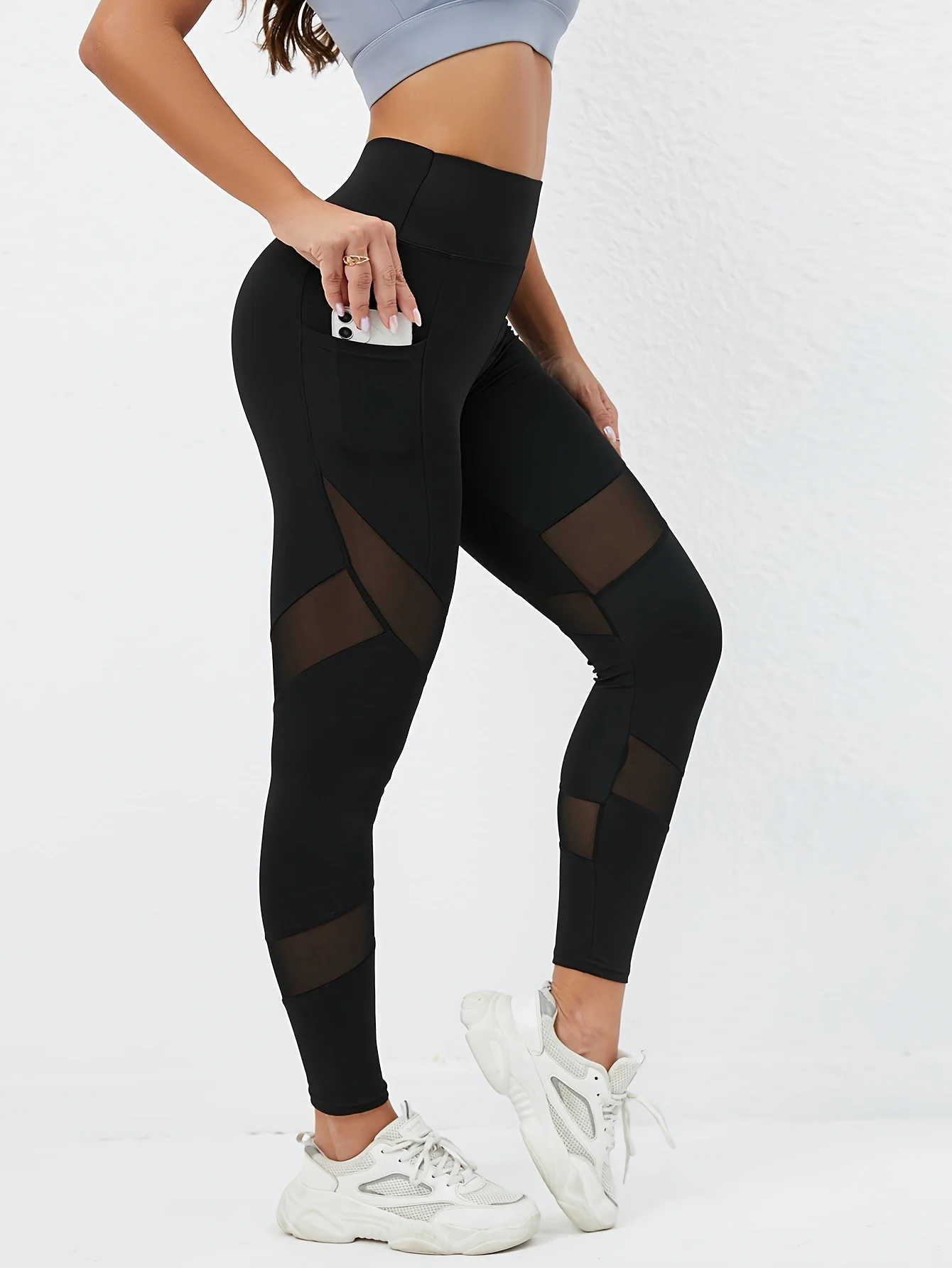 Women's high-waisted leggings with pockets, hip-lifting and slimming, with mesh stitching for a hazy effect, suitable for outdoo