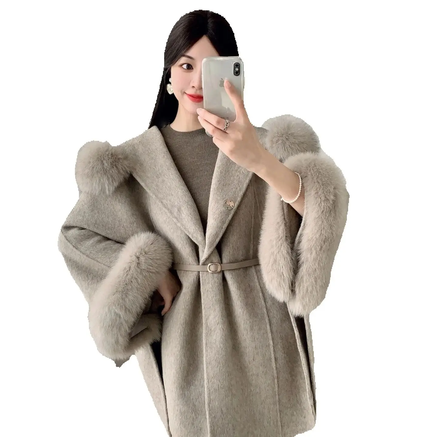 

Светлый меховой воротник кофейного цвета, высококачественная накидка с капюшоном, шаль, двустороннее шерстяное пальто