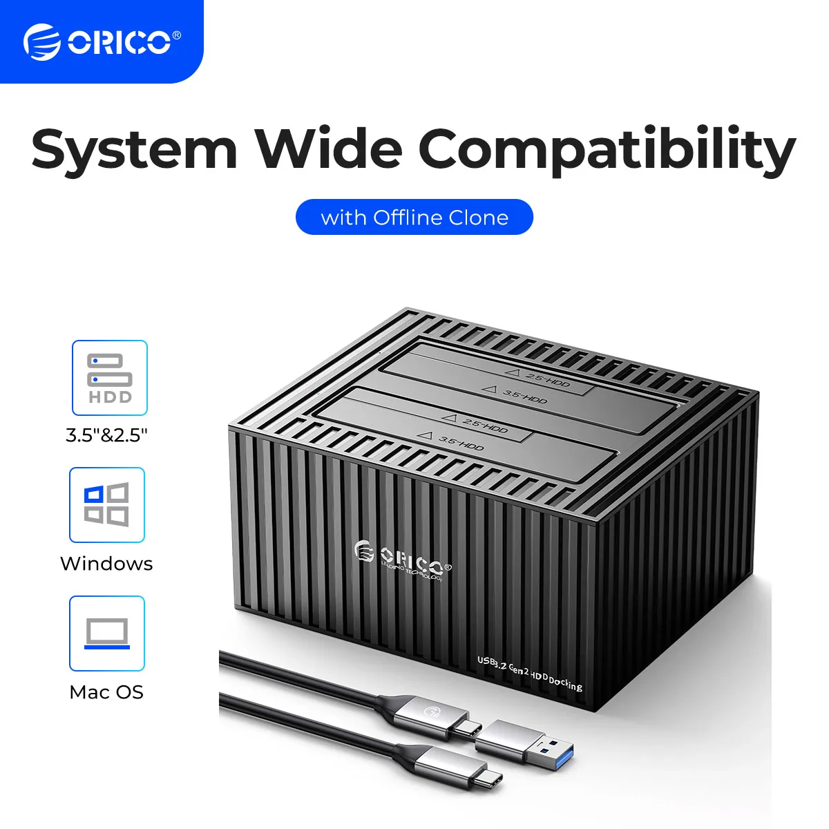 ORICO Type-C 10Gbps External Hard Drive Docking Station Aluminum SATA for 3.5 2.5 HDD/SSD Enclosure with 12V Power Offline Clone