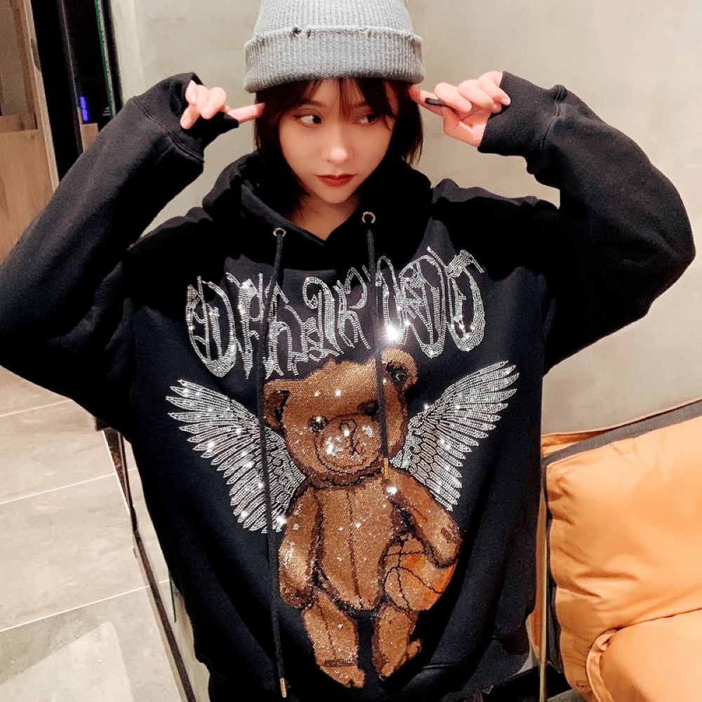 

Blingbling Luxury Hot Drilling Wing Bears Oversize Pullover Top Thicken Spring Autumn Winter Long Sleeve Black Sweatshirt Trendy