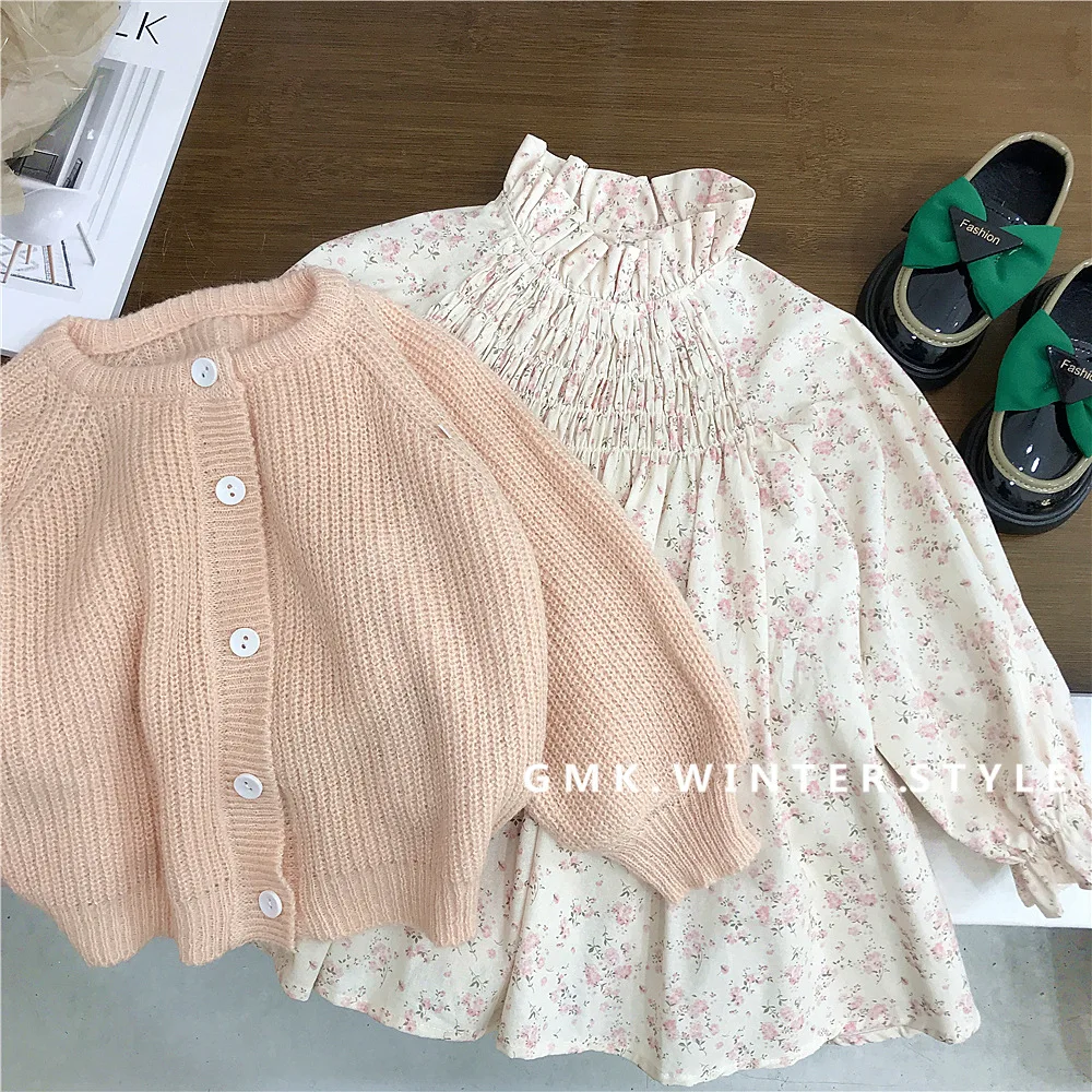 Korean Spring Autumn Children Girl 2PCS Clothes Set Solid Puff Sleeve Cardigan Sweater Turtleneck Printed Dress Baby Girl Outfit