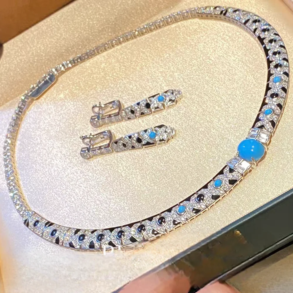 블랙 에나멜 합성 블루 터키석 레오파드 프린트 목걸이 귀걸이 반지 팬더 실버 925 주얼리 세트 여성용 파티용