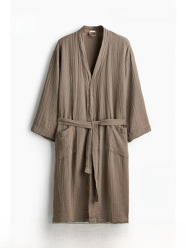 H&M Women's Cotton Pajamas Long Sleeve Green Fruit Collar Home Clothes Robe Medium Length Sleepwear Soft Waist Belt