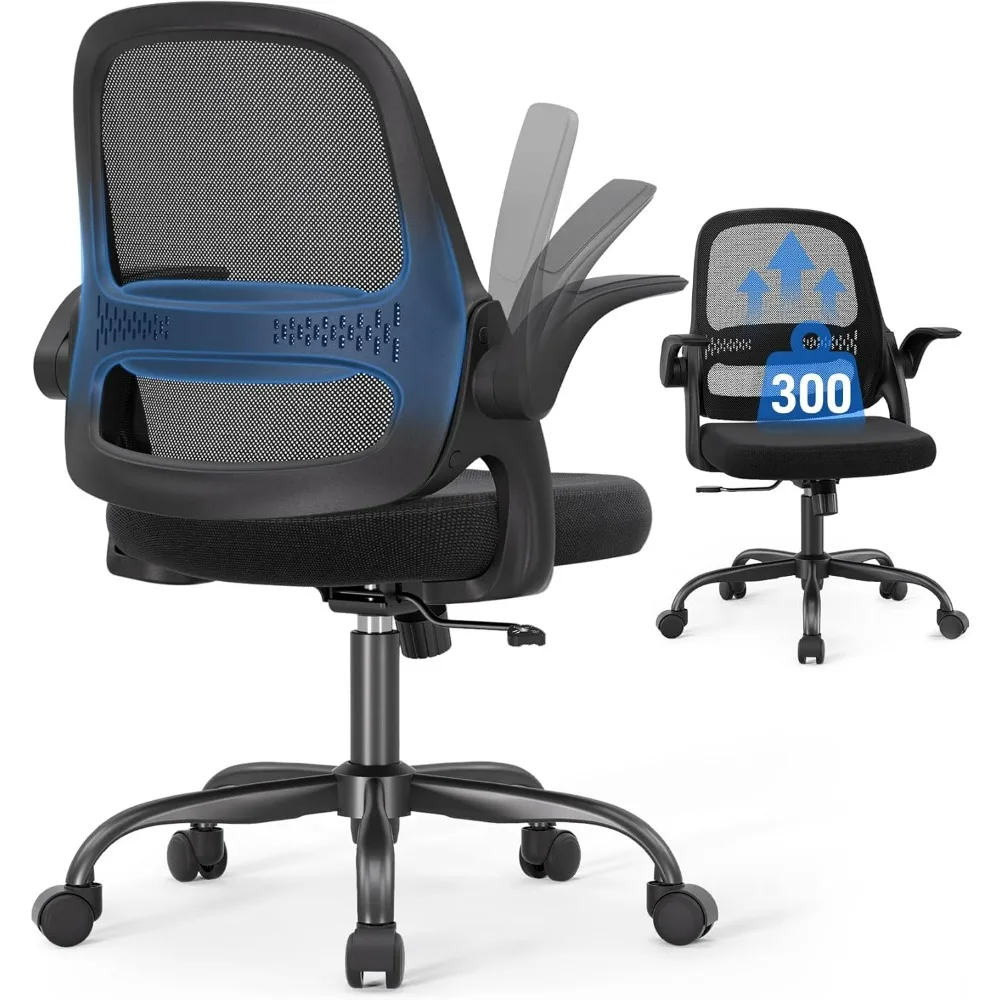 Black Frame Black Seat Ergonomic Mesh Office Chair Flip-Up Arms BIFMA Certified 300 Lbs Support Swivel Rolling Desk Chair