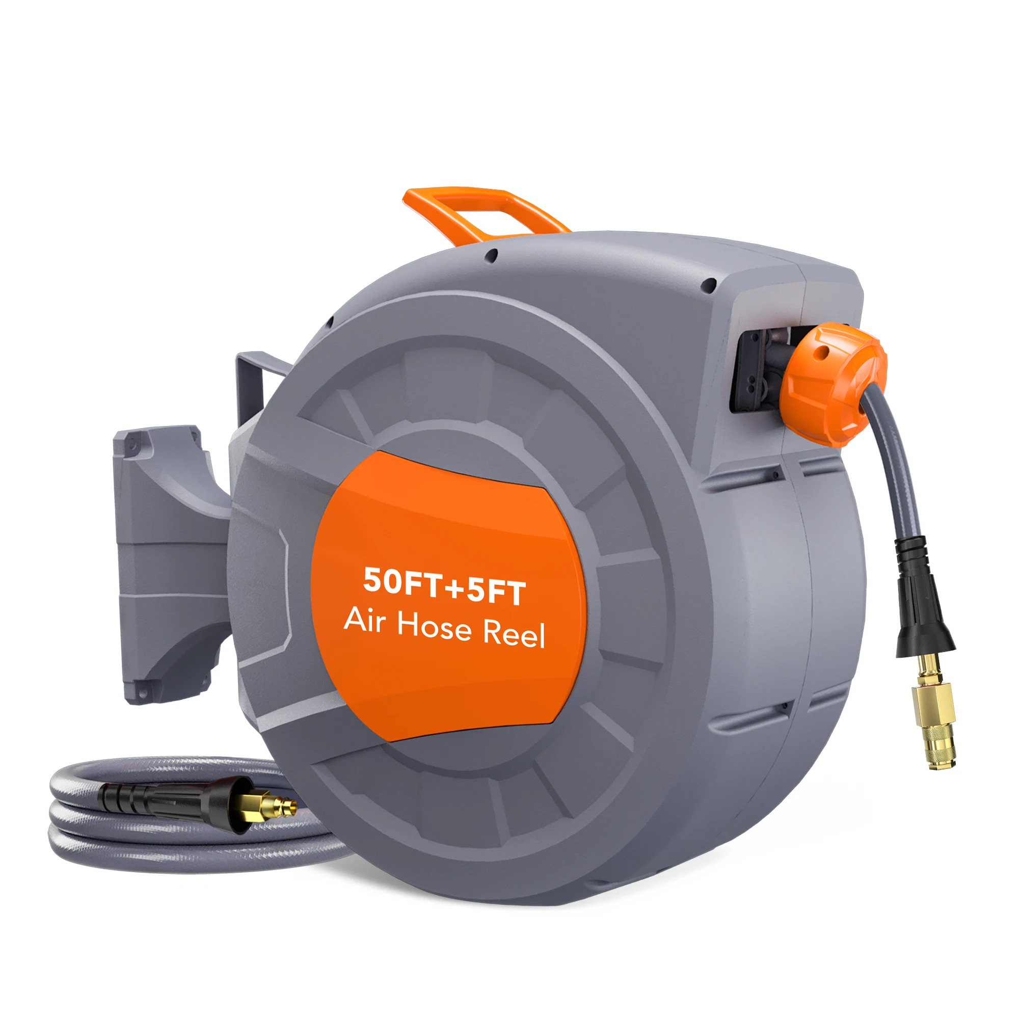 Retractable Air Hose Reel 50 FT x 3/8 IN With 5 FT Lead In Max 300 PSI, 180° Swivel Bracket Wall Mount Hybrid Air Hose Reel