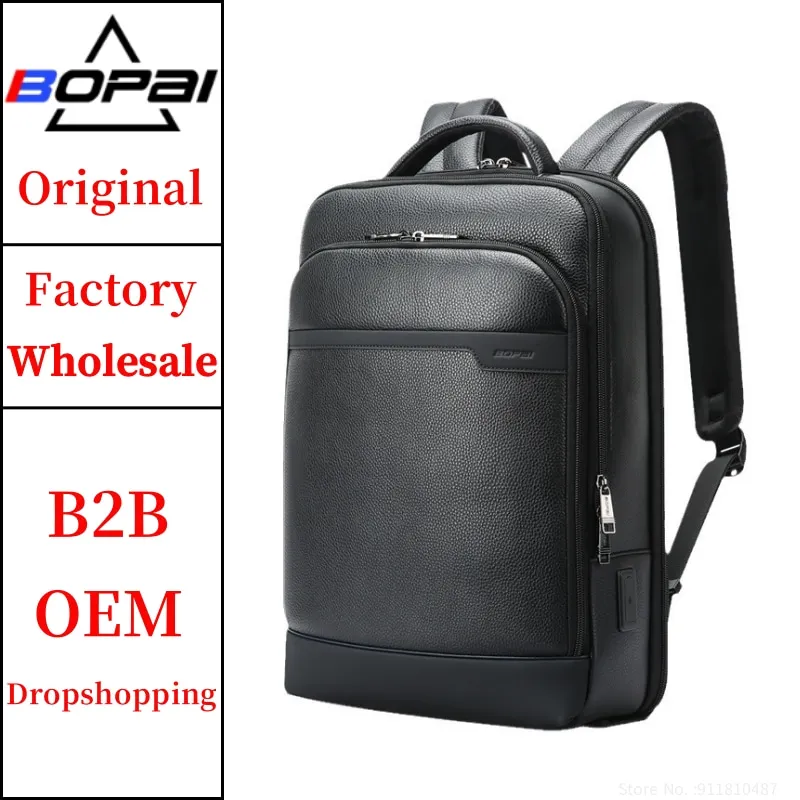 BOPAI Wholesale  Custom Printed Logo Premium Office Luxury Anti Theft For Men 15.6 Inch Laptop With Usb Genuine Leather Backpack