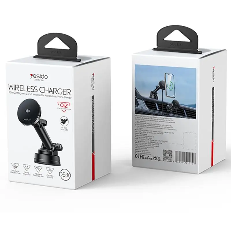 Yesido DS30 2 في 1 حامل هاتف مغناطيسي 15 واط QI2 شحن لاسلكي جبل 360 درجة تدوير حامل سطح المكتب للسيارة