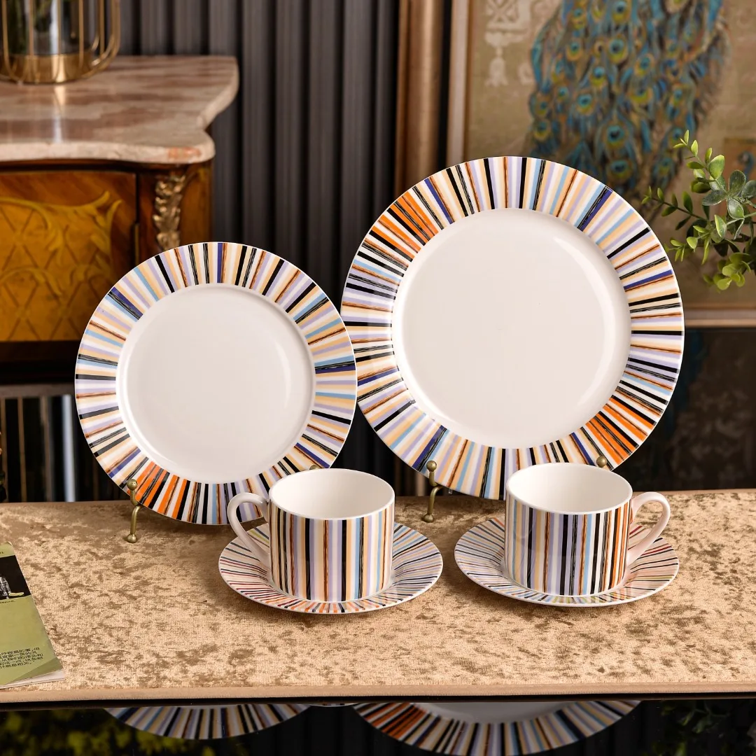 European Colorful Vertical Stripe Western Dinner Plate Coffee Cup Saucer Gift Box Set For Hotel Home Wedding Banquet Tableware