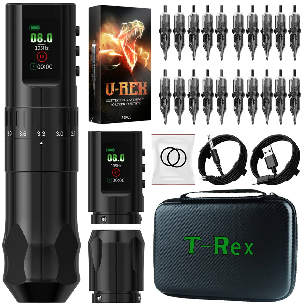 

Tattoo Kit T-Rex Tattoo Wireless Tattoo Machine pen 1600mAh Power Supply Adjustable 2.4mm-4.2mm with 20pcs tattoo needles Tattoo
